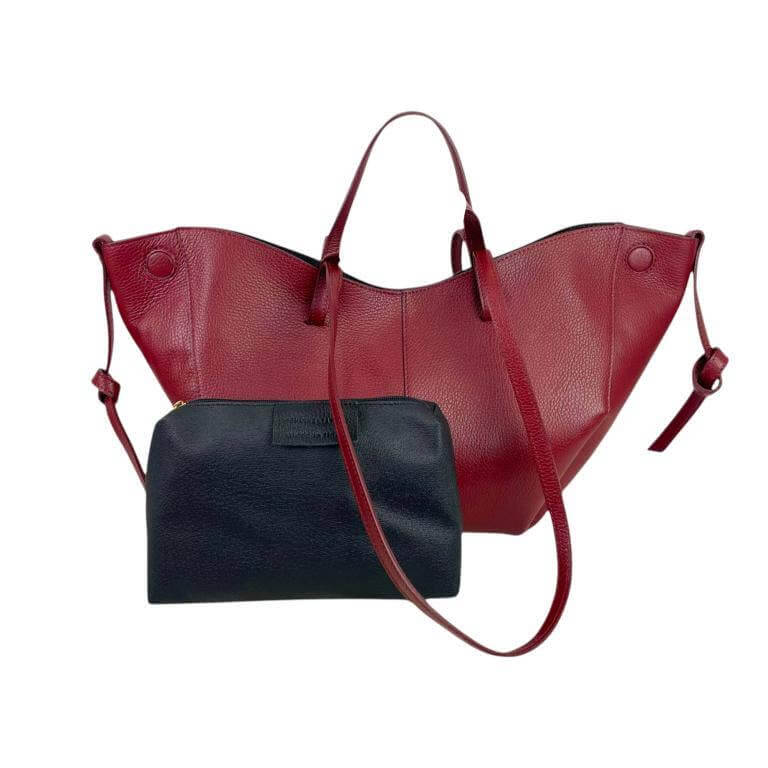Elegant Italian leather handbag set in red with a matching black leather pouch, showcasing a convertible design.
