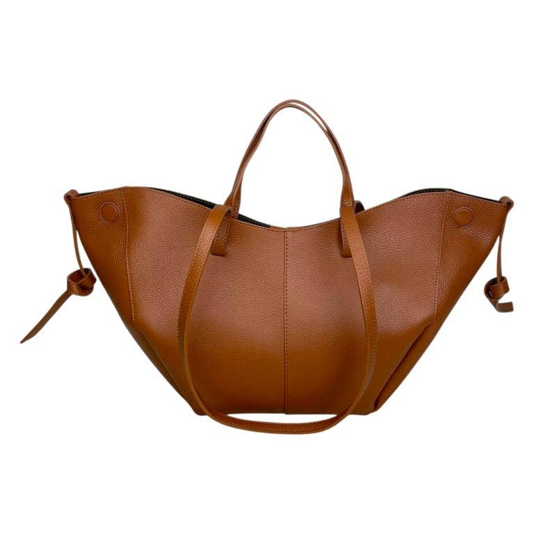 Elegant Italian leather handbag in rich brown, featuring a sleek design with convertible size and magnetic closure.