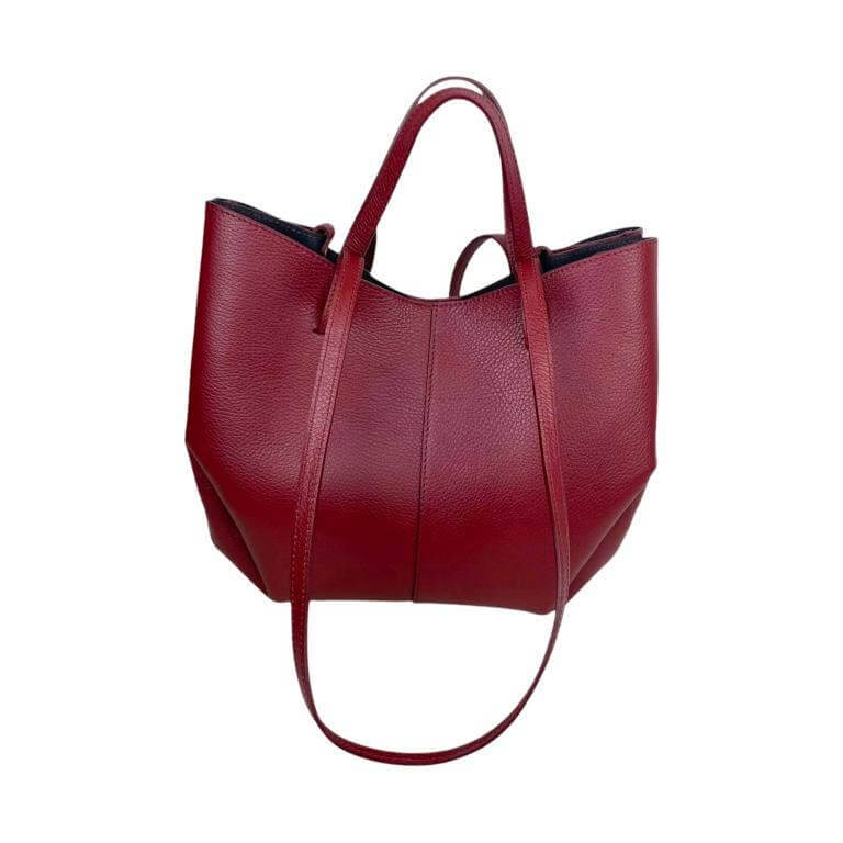 Elegant Italian leather handbag in deep red with convertible size and sleek design, perfect for modern women.