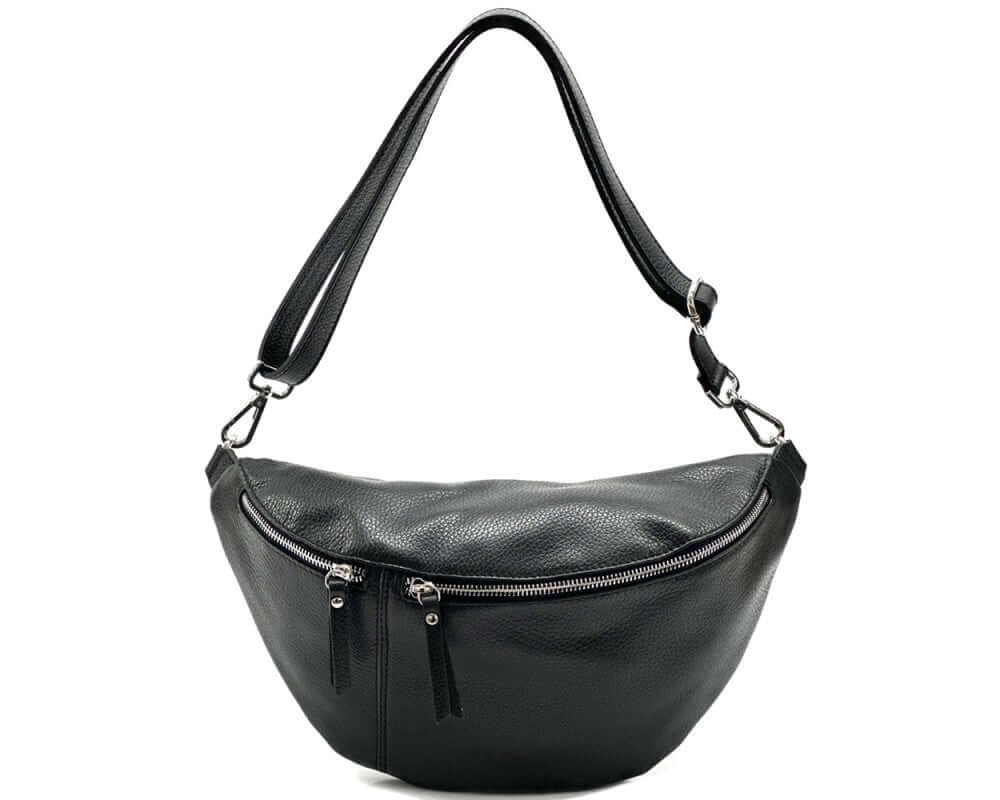 Nova Crossbody Fanny Pack 2 in black Italian leather with detachable strap and zipper closure.