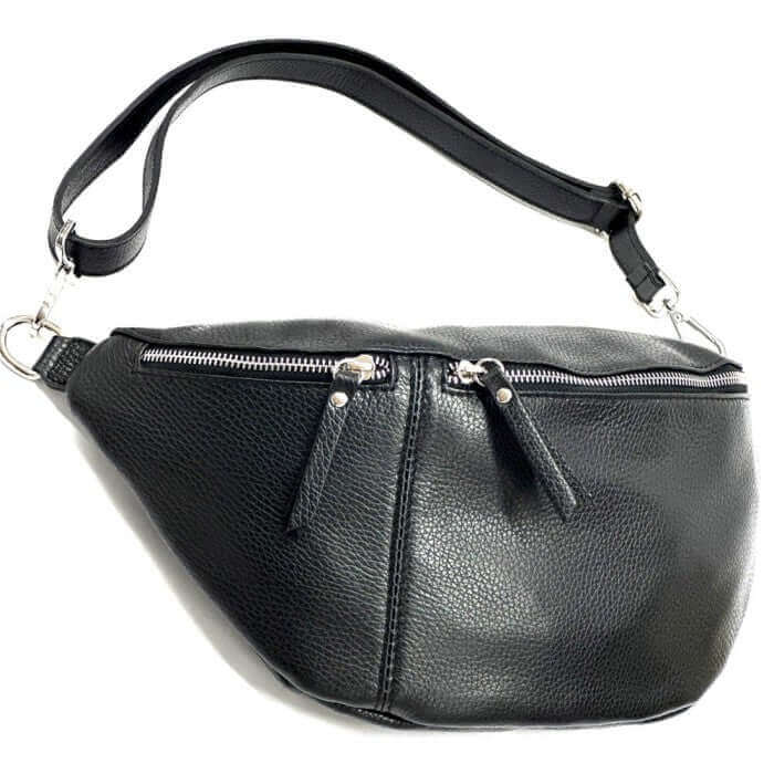 Handmade black leather Nova Crossbody Fanny Pack with zippers and adjustable strap.