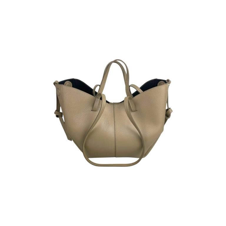 Elegant Italian leather handbag in beige with convertible design and magnetic closure, perfect for modern women.