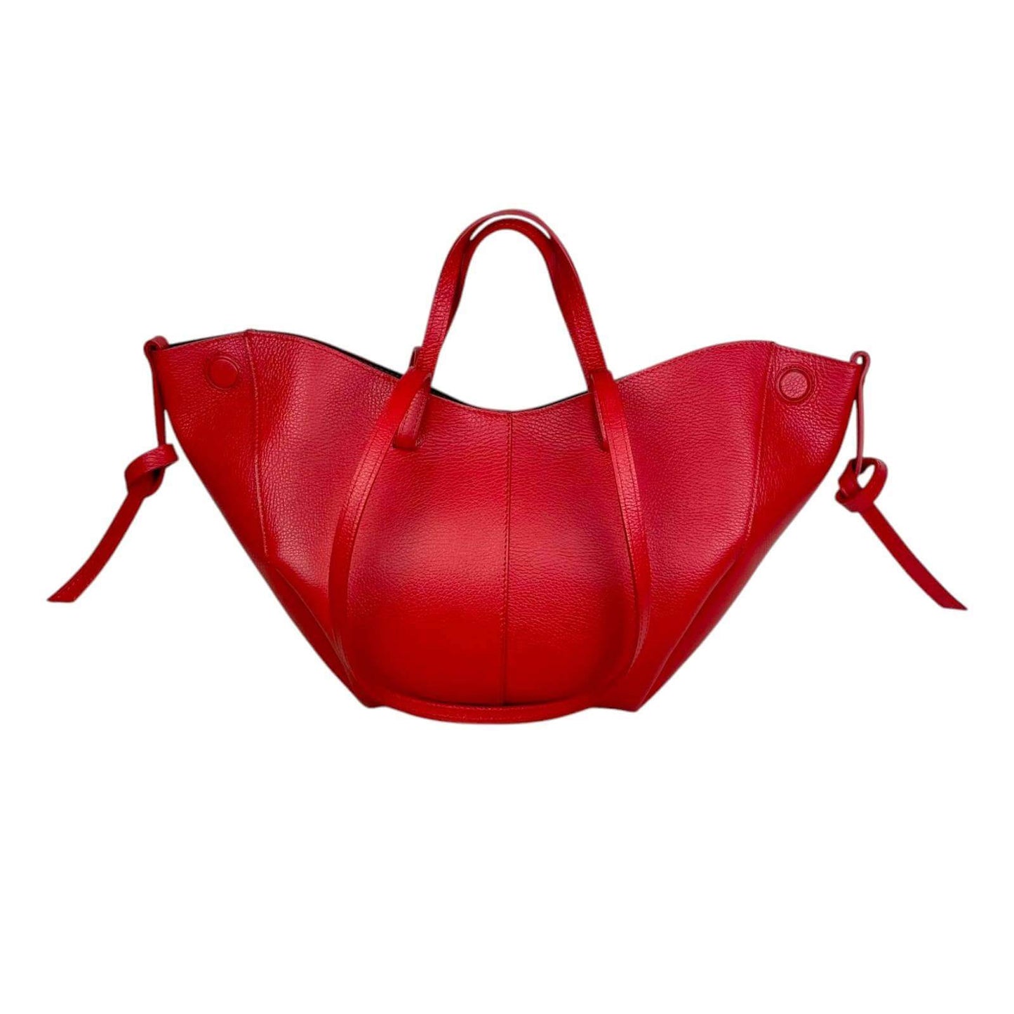 Elegant red Italian leather handbag with convertible size and magnetic closure, perfect for modern women.
