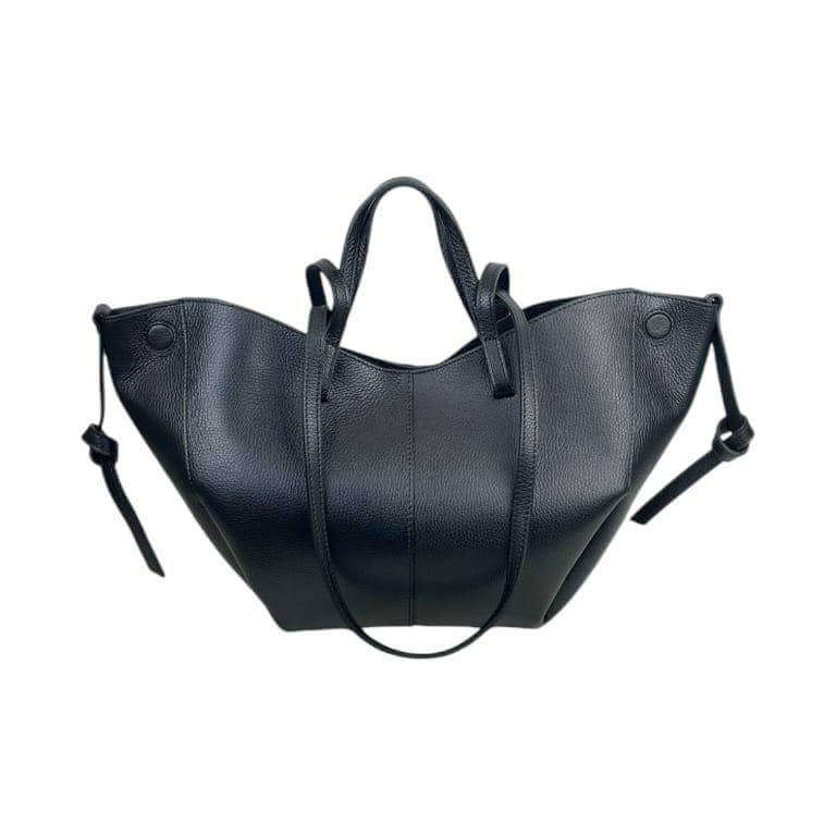 Elegant Italian leather handbag in sleek black, featuring convertible size and dual handles for versatile styling.