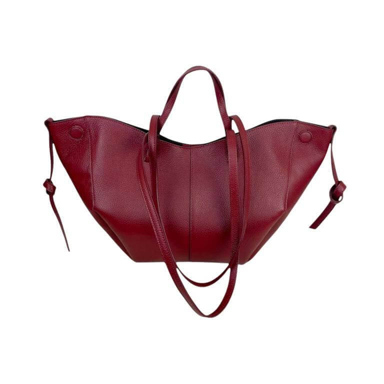 Elegant Italian leather handbag in rich red color with convertible size and sturdy handles.