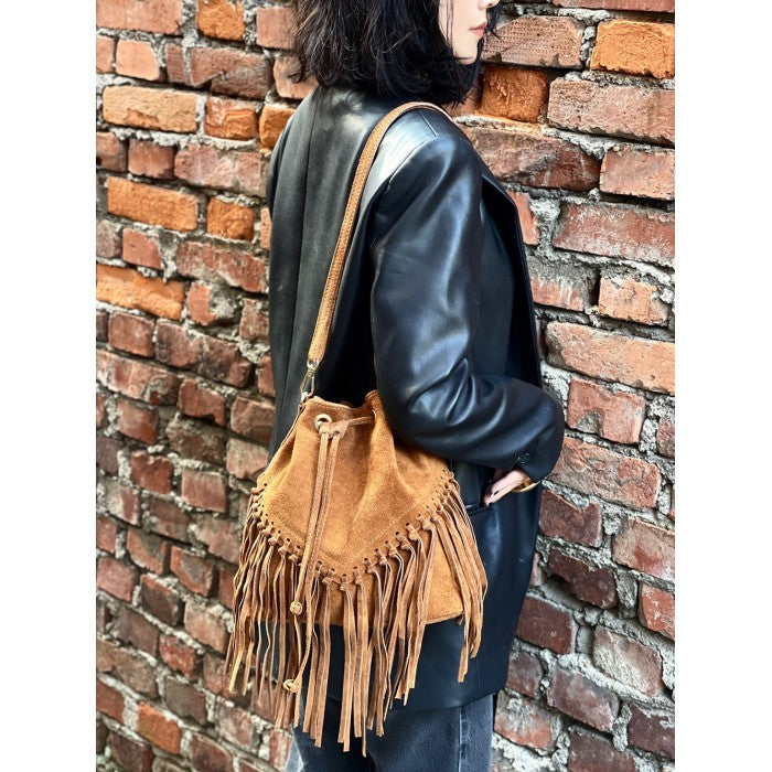 SHO1 Fringed Suede Bucket Bag