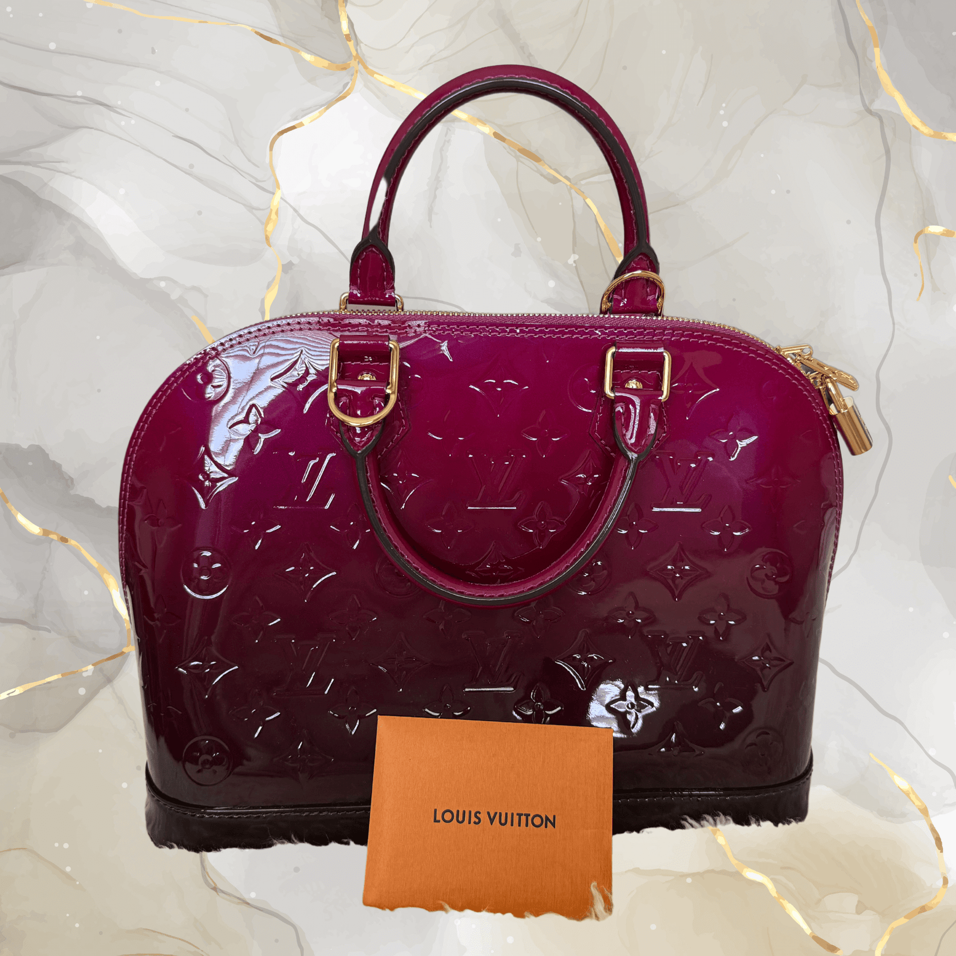 Louis Vuitton Alma PM Vernis in Ombré Gradient Bordeaux with authenticity card, pre-owned Paris Boutique Exclusive.